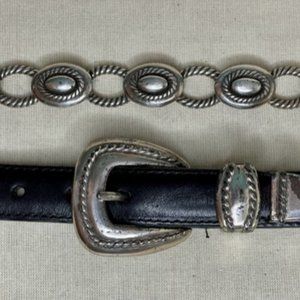 BRIGHTON Silver Tone Chain & Black Leather Belt Vintage 1995 Size SMALL USA